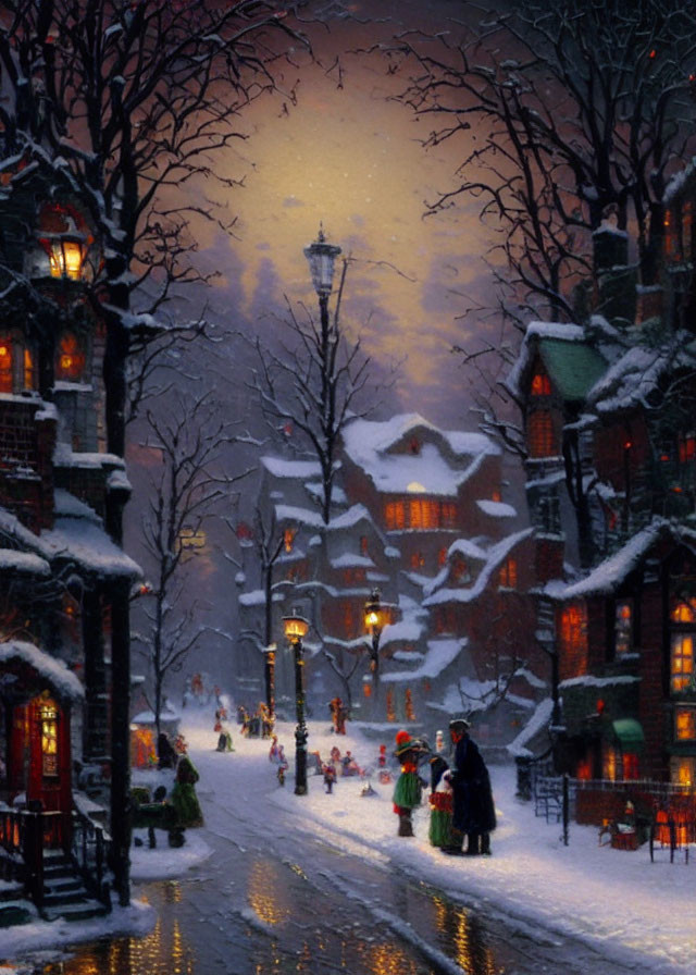 Snowy Evening in Quaint Town: Warmly Lit Street Lamps, Festive Lights