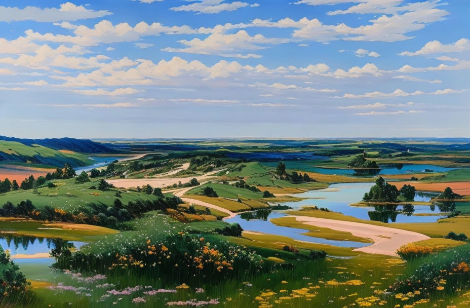 Colorful Landscape Painting with Rolling Hills, River, Trees, and Wildflowers