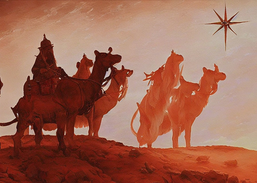 Silhouetted figures on camels under a starry sky in a historical desert journey at dusk