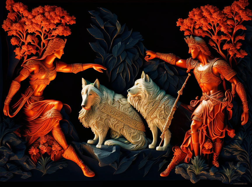 Mythical armored figures and white wolves in vibrant artwork