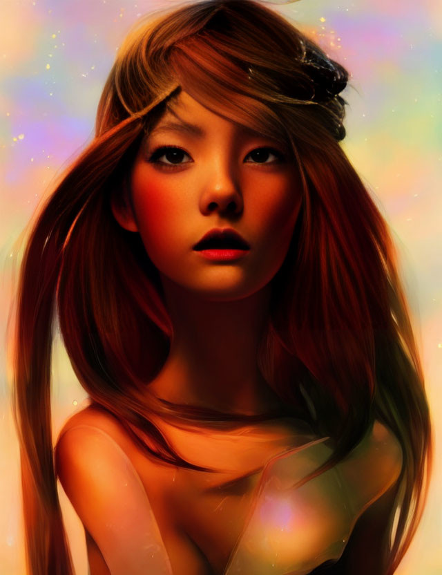 Colorful Digital Portrait of Woman with Flowing Hair and Intense Gaze