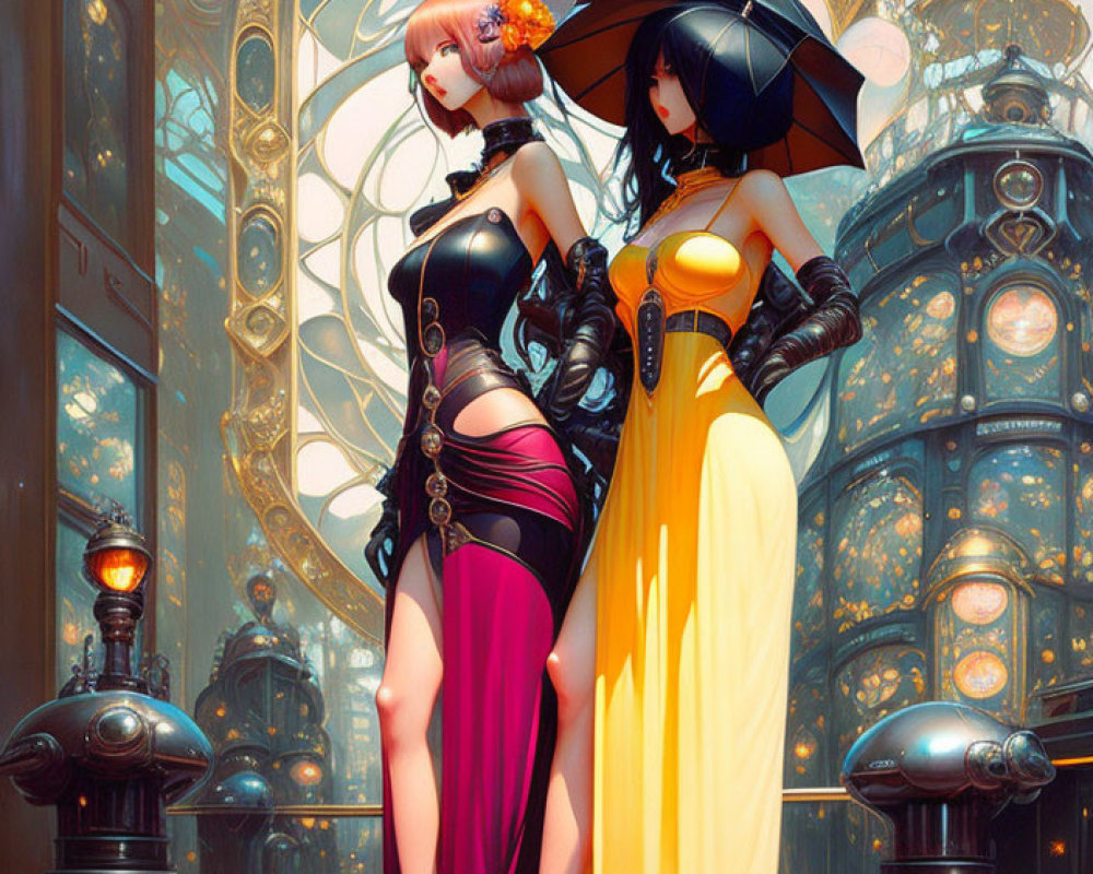 Two stylish animated women in futuristic outfits by ornate glass-domed structure