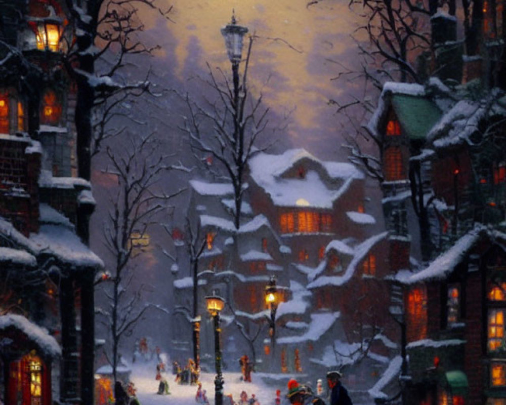 Snowy Evening in Quaint Town: Warmly Lit Street Lamps, Festive Lights