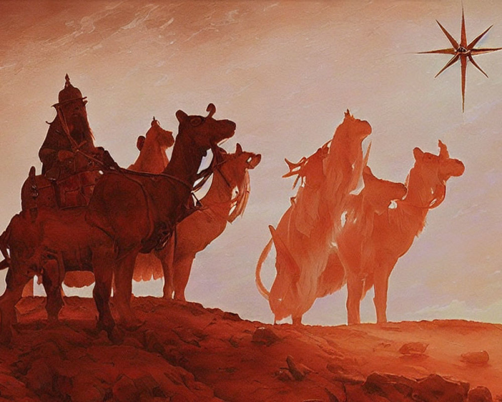 Silhouetted figures on camels under a starry sky in a historical desert journey at dusk