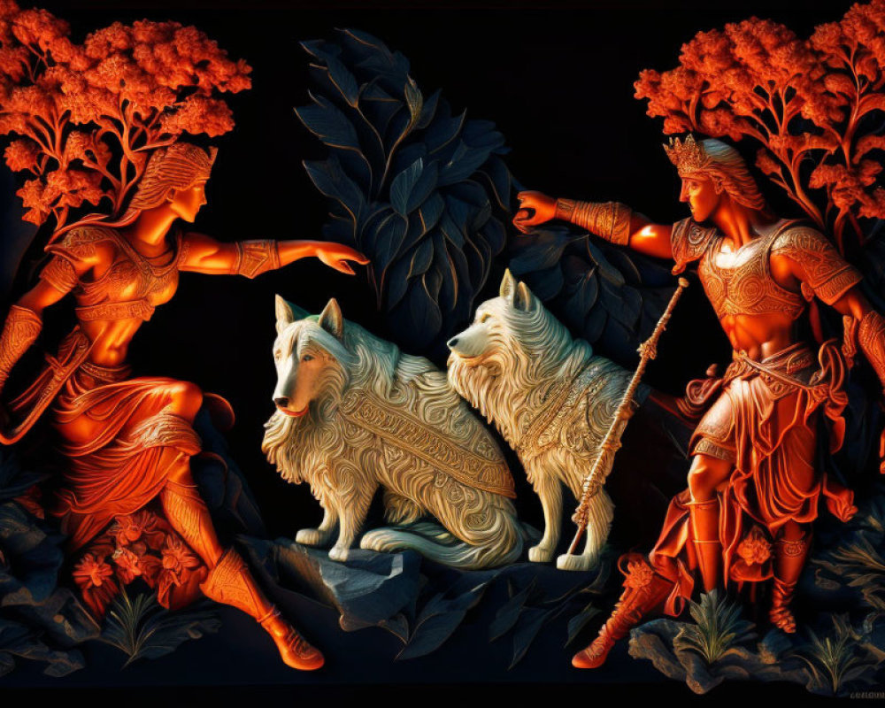 Mythical armored figures and white wolves in vibrant artwork