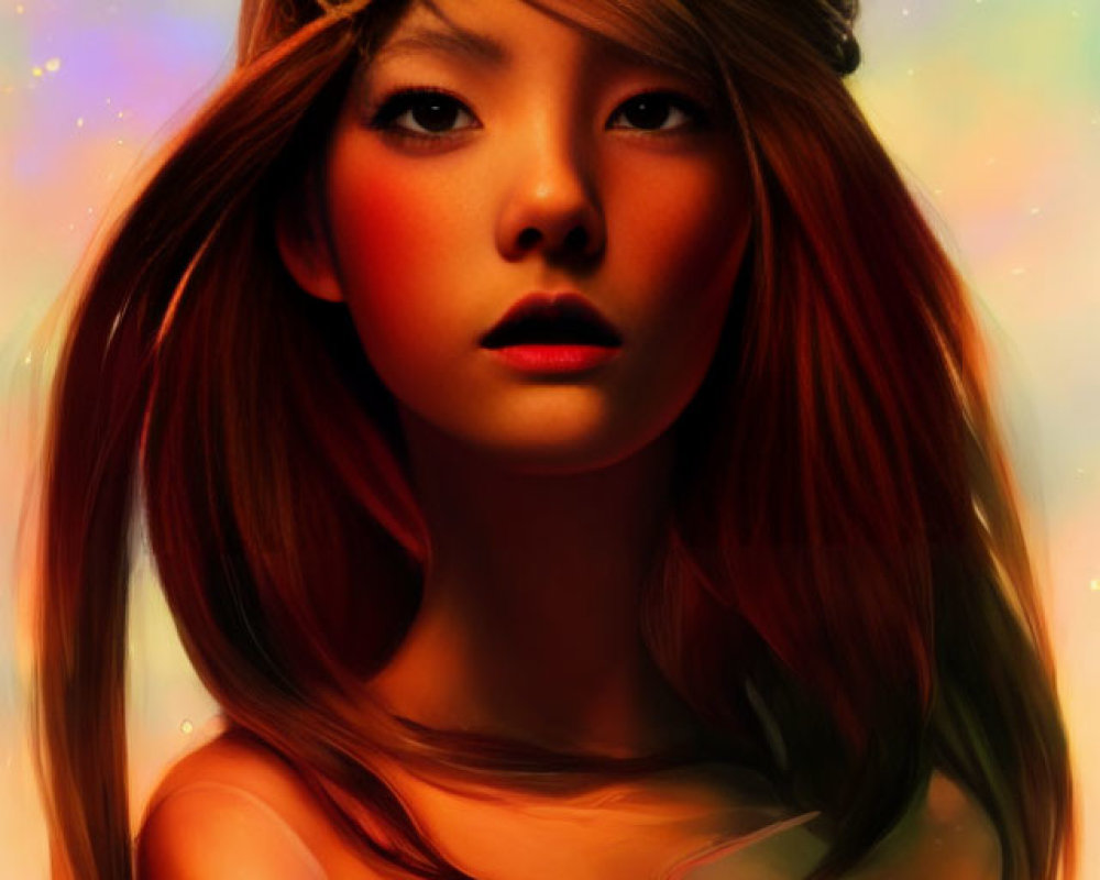 Colorful Digital Portrait of Woman with Flowing Hair and Intense Gaze