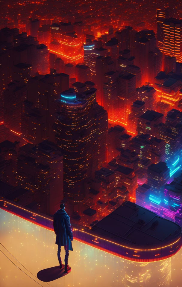 Solitary figure on rooftop gazes at neon-lit futuristic cityscape