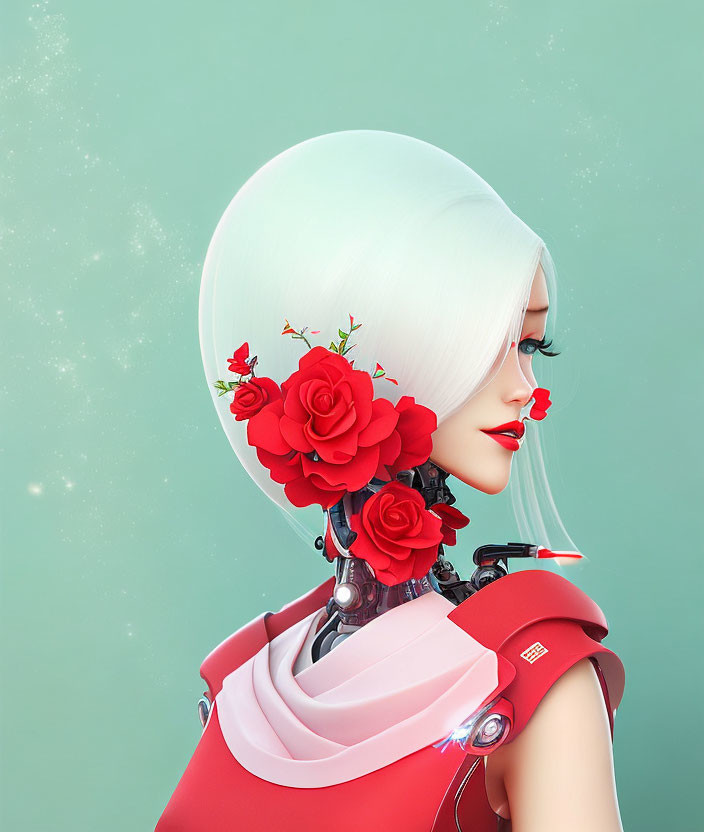 Female figure with white hair and red flowers in futuristic outfit on mint green background