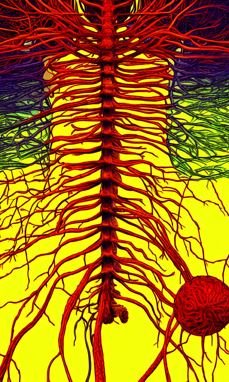 Abstract Spinal Column Art in Red, Purple, and Yellow Hues