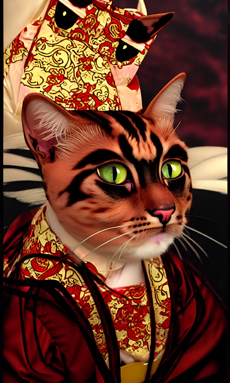 Stylized cat illustration in traditional Asian attire with green eyes