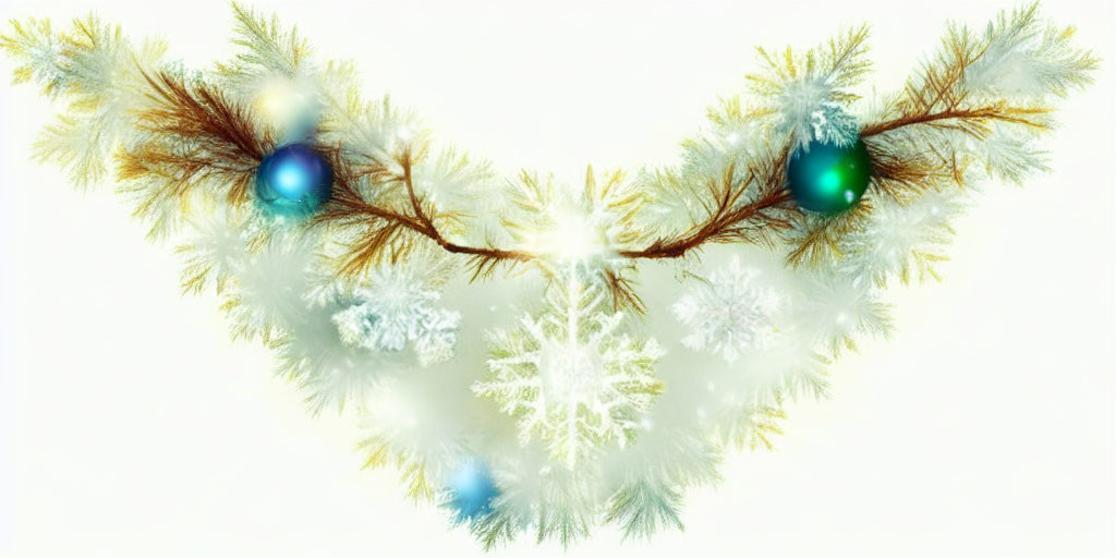 Snowy Branch Fractal with Blue Ornaments and Snowflake: Festive Winter Scene