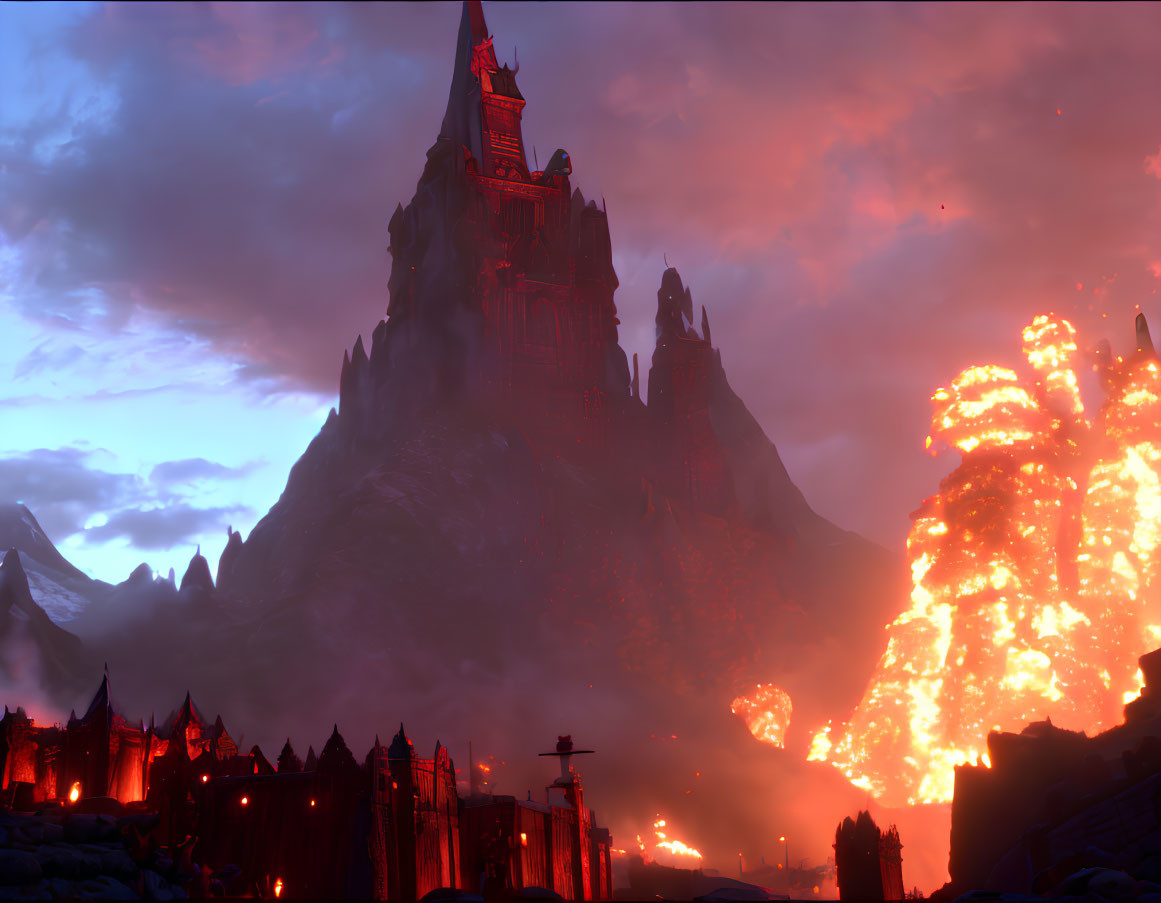 Dark mountain castle under dusky sky with erupting lava and ash