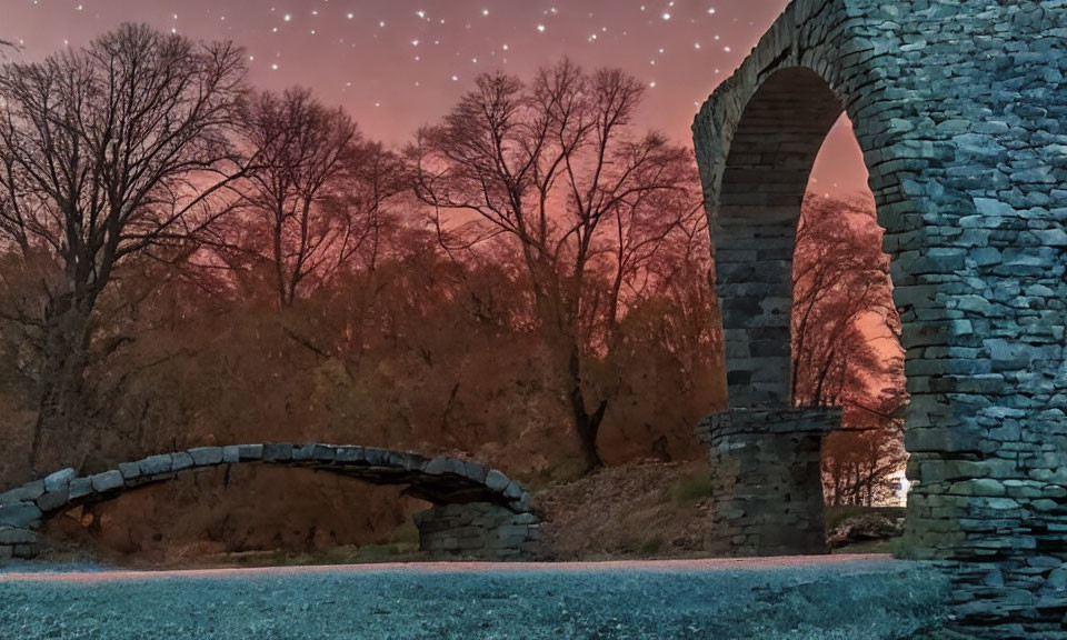 Stone arch bridge under starry twilight sky with leafless trees