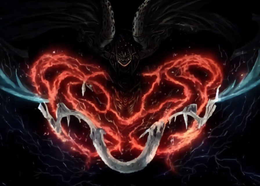 Dark fantasy creature with glowing red energy wings and sharp talons on black background