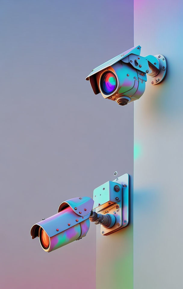 Colorful Stylized CCTV Cameras Mounted on Wall