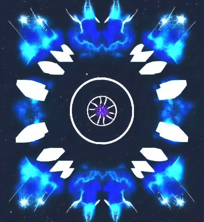 Symmetrical kaleidoscopic image with vibrant blue hues and central white circle.