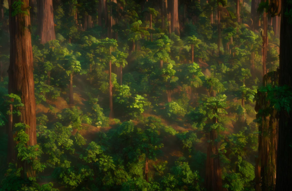 Lush forest scene with sunlight filtering through mist