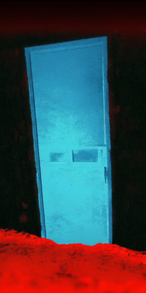 Blue door illuminated in red-lit room exudes mysterious glow