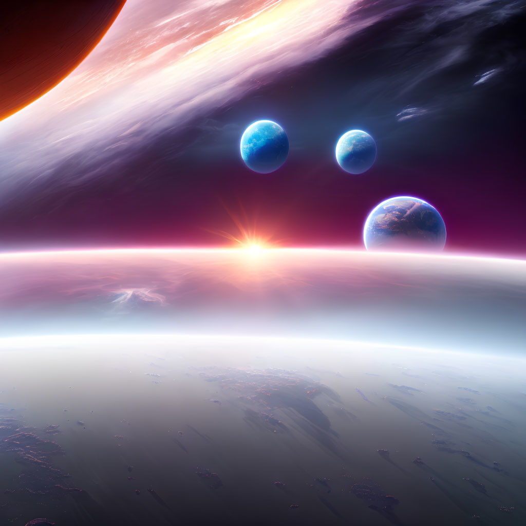 Vibrant cosmic scene with giant planet, three blue planets, and brilliant sunrise