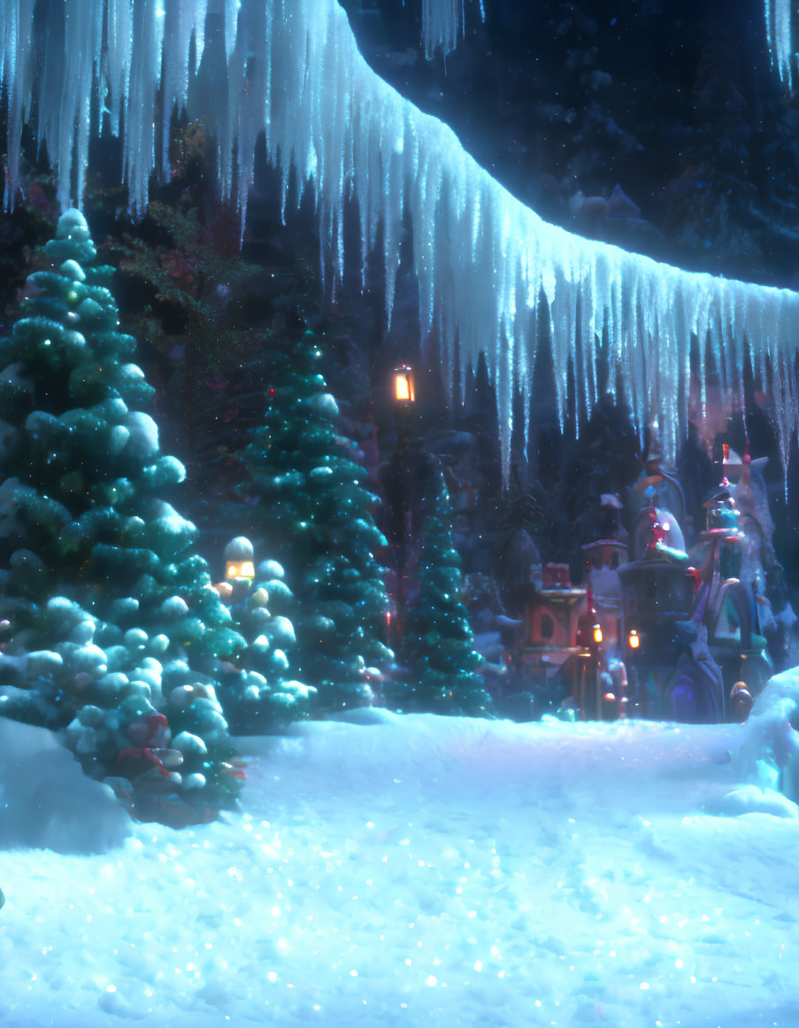 Snow-covered trees, glowing lanterns, icy stalactites, colorful gifts in magical winter night.