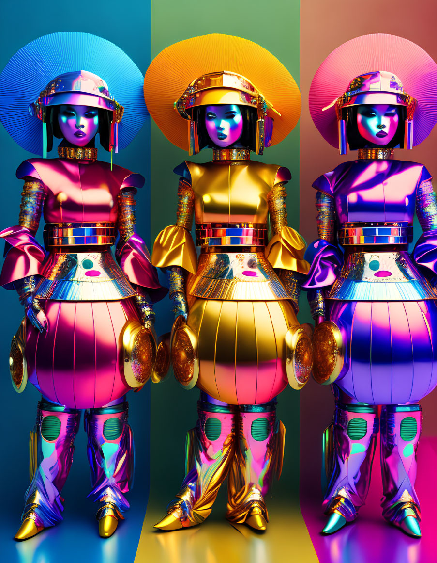 Colorful Samurai-Inspired Robotic Figures on Gradient Background