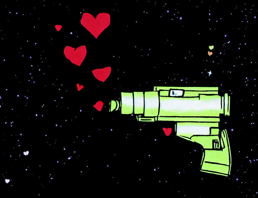 Green Gun Shooting Red Hearts on Starry Black Background: Symbolic Illustration of Powerful Love Expression