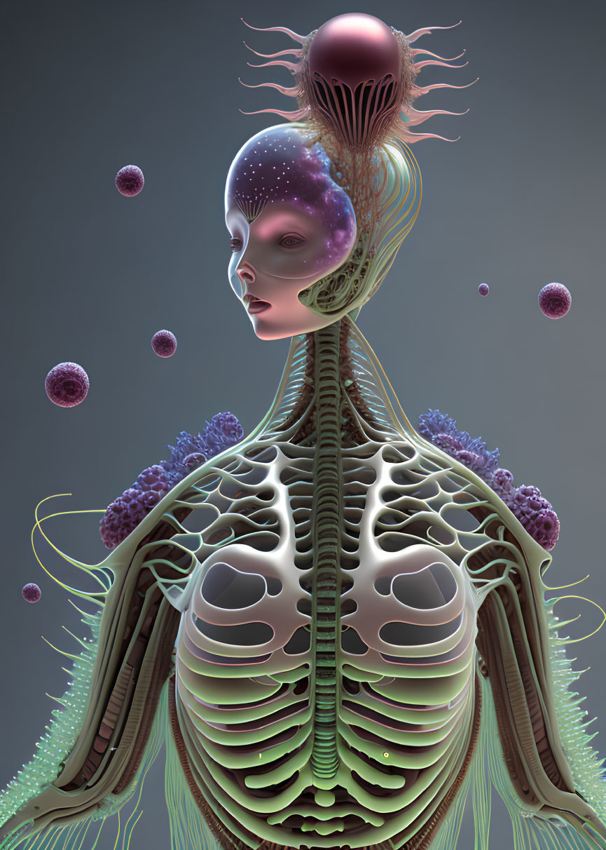 Surreal humanoid figure with exposed ribcage and cosmic head among floating orbs