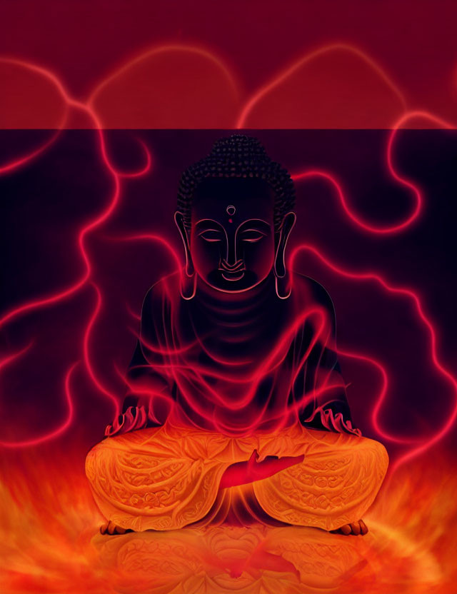 Red and Black Meditating Buddha Art with Energy Lines