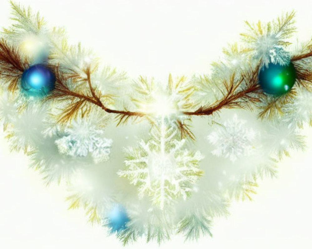 Snowy Branch Fractal with Blue Ornaments and Snowflake: Festive Winter Scene