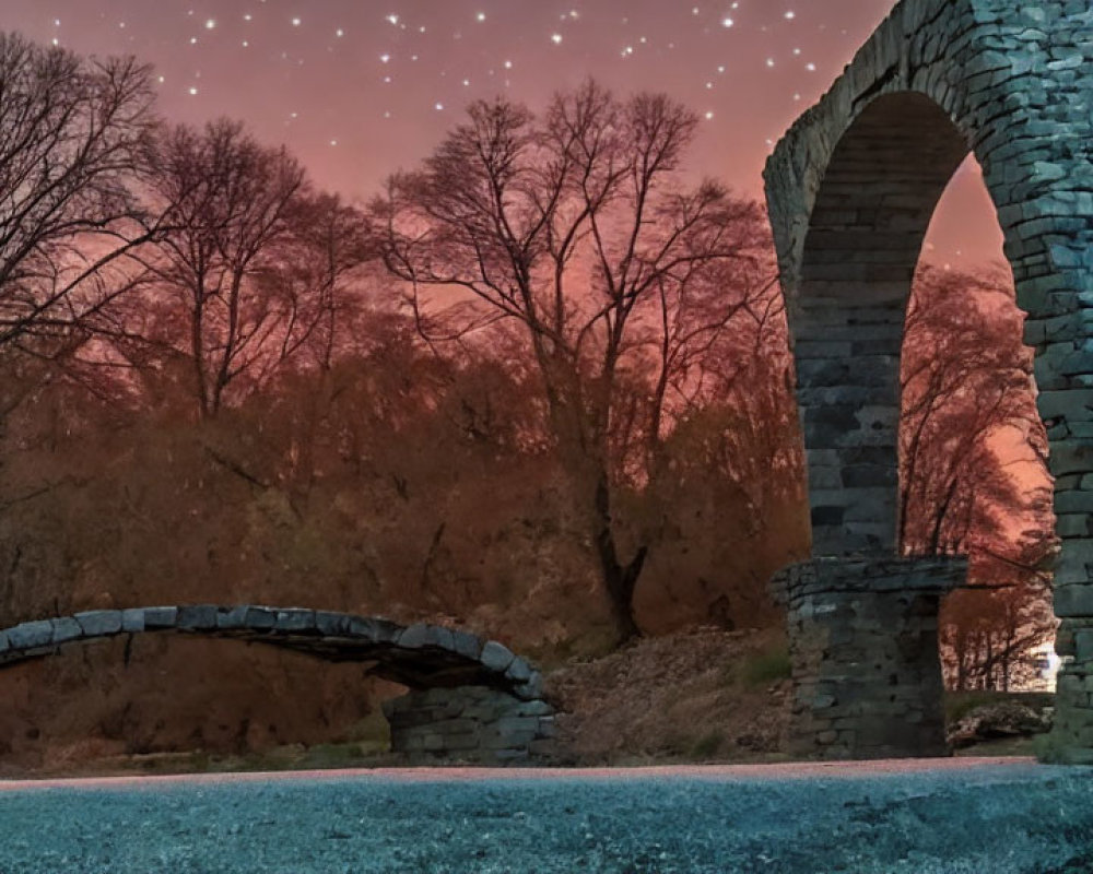 Stone arch bridge under starry twilight sky with leafless trees