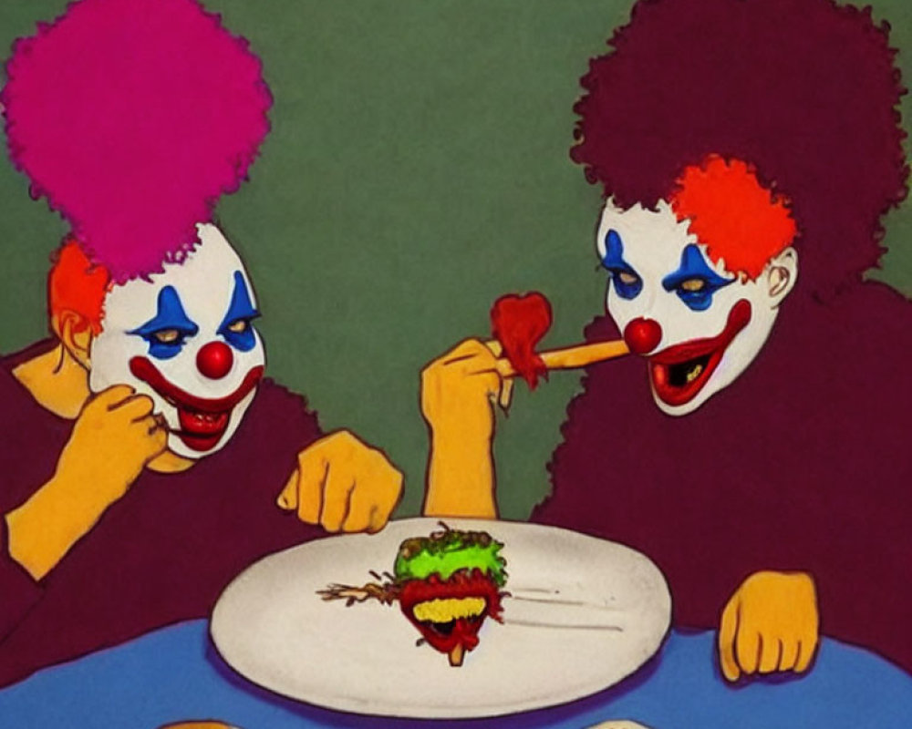 Vibrant red hair clowns sharing a humorous moment with tiny fork bite