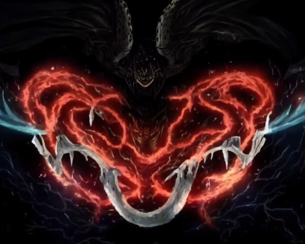 Dark fantasy creature with glowing red energy wings and sharp talons on black background