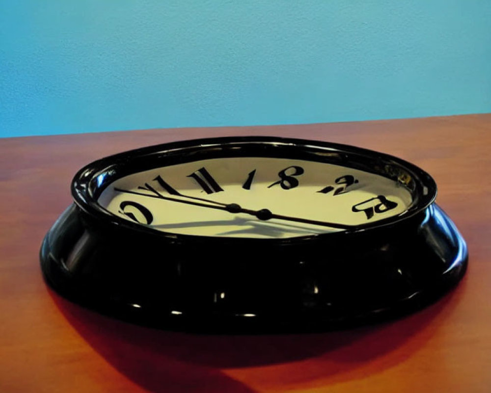 Distorted black wall clock with skewed face on wood surface against blue wall