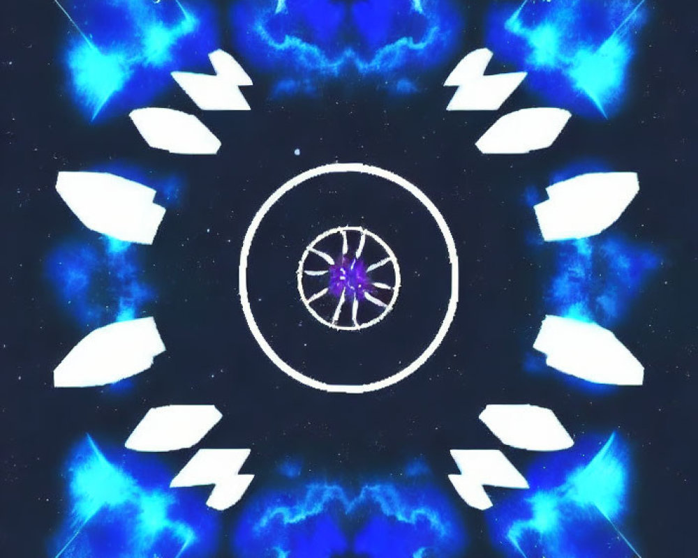 Symmetrical kaleidoscopic image with vibrant blue hues and central white circle.