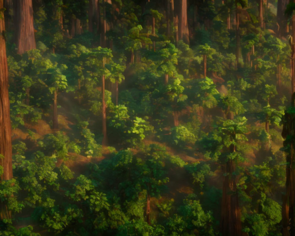 Lush forest scene with sunlight filtering through mist