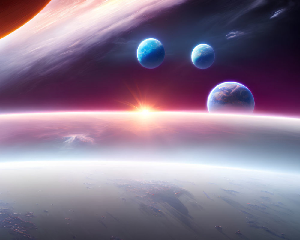 Vibrant cosmic scene with giant planet, three blue planets, and brilliant sunrise