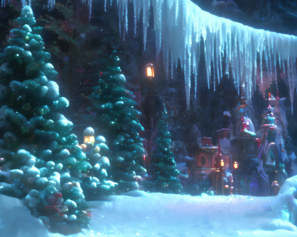 Snow-covered trees, glowing lanterns, icy stalactites, colorful gifts in magical winter night.