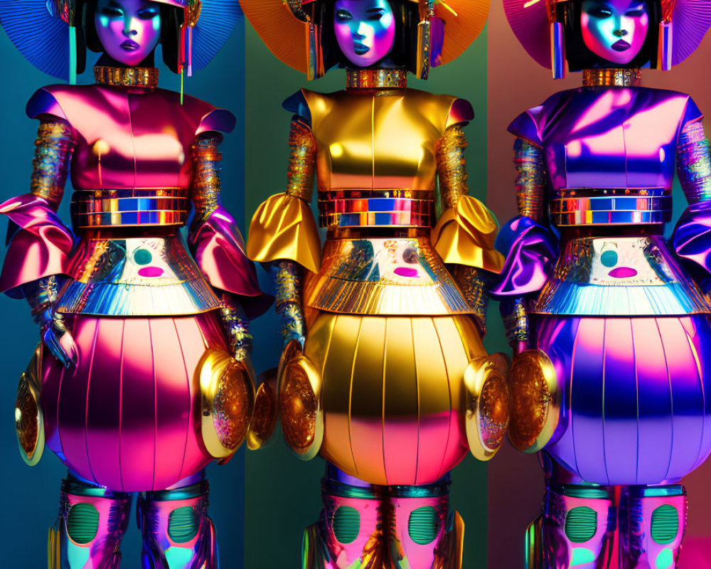 Colorful Samurai-Inspired Robotic Figures on Gradient Background