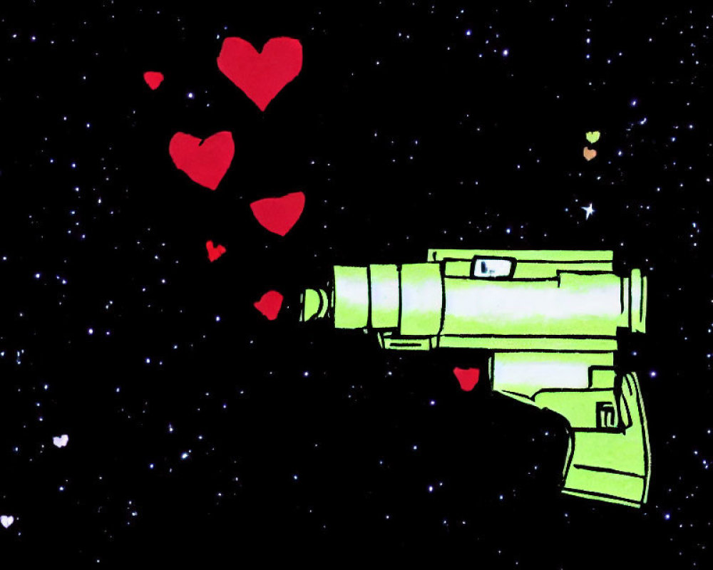 Green Gun Shooting Red Hearts on Starry Black Background: Symbolic Illustration of Powerful Love Expression