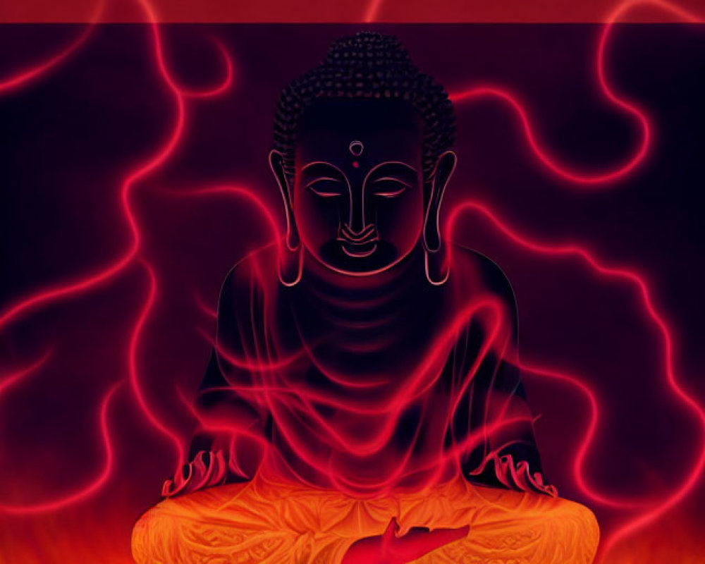 Red and Black Meditating Buddha Art with Energy Lines