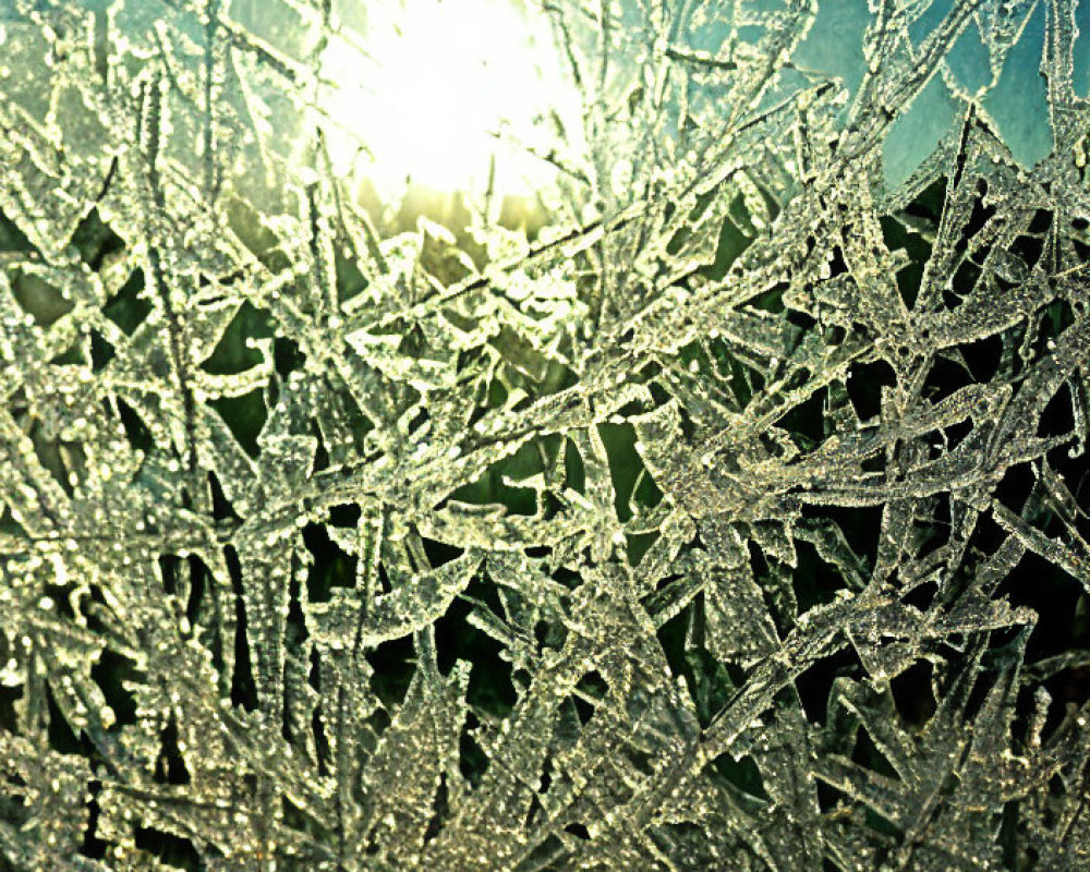 Detailed frost patterns on glass window with sparkling sunlight