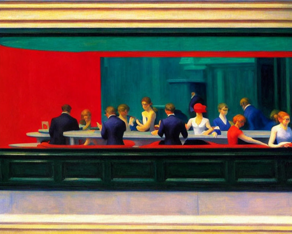 Vibrant bar scene painting with red and green backgrounds