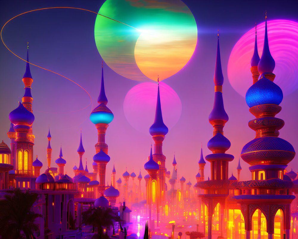 Vibrant, colorful cityscape under alien sky with multiple moons and celestial objects