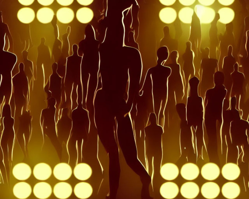 Multiple silhouettes walking under bright yellow spotlights.