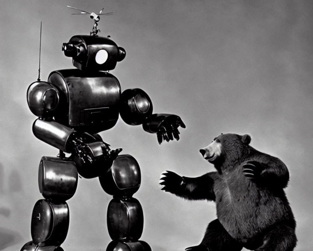 Monochrome image of robot with helicopter on head facing bear on hind legs