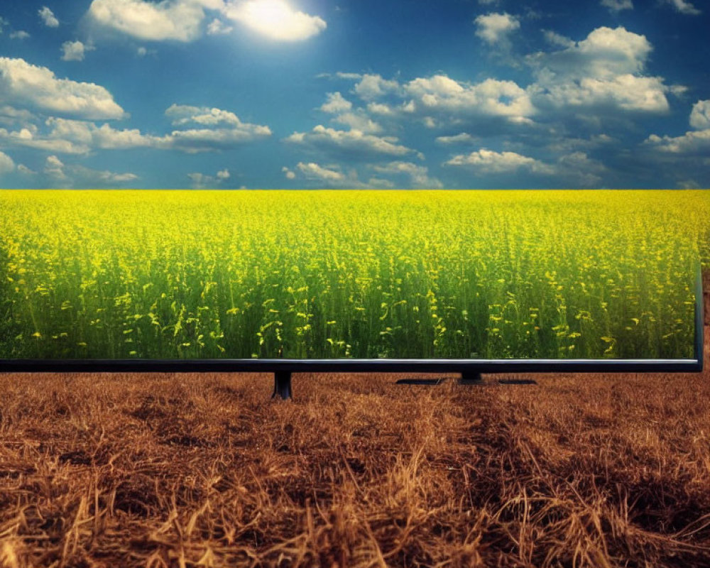 Vivid image of bright yellow canola field on modern TV