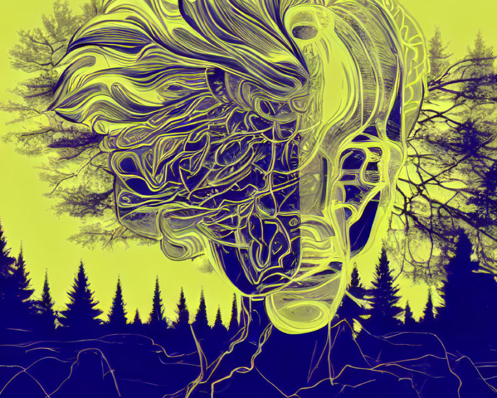 Abstract human profile merging with wavy patterns in a nature-themed illustration.