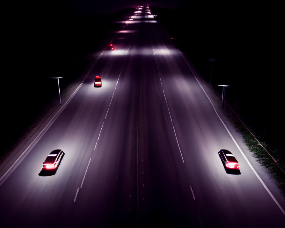 Dark highway at night with glowing red taillights