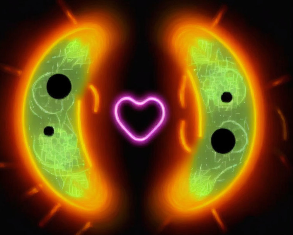 Abstract neon heart eyes on dark background