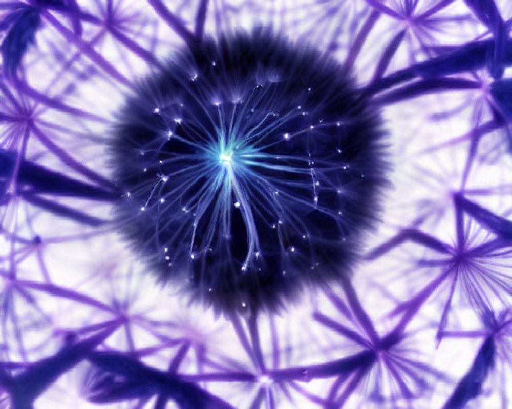 Macro photograph of dandelion seed head with fiber-optic-like effect in purple hue